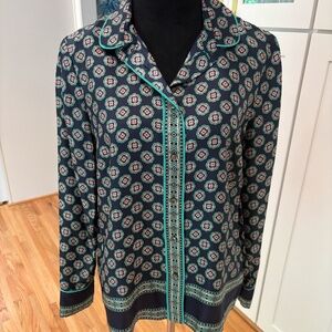 J Crew Silk Button Down Navy Patterned Blouse with Green Piping, Size 12